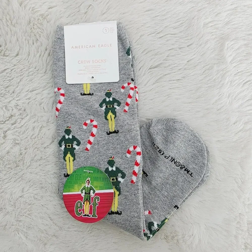 American Eagle Gray Angry Elf Holiday Crew Socks NWT One Size Unisex Christmas